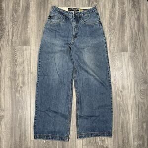 Vintage Fresh Jive Blue Baggy Wide Leg Jeans Thrashed Size 30x28 Skater Rave Y2K